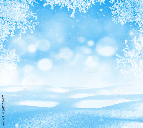 Winter background. Winter bright landscape with snowdrifts and falling snow. Branches of trees in hoarfrost.