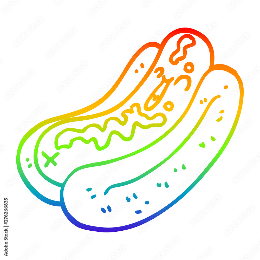 rainbow gradient line drawing cartoon hotdog with mustard