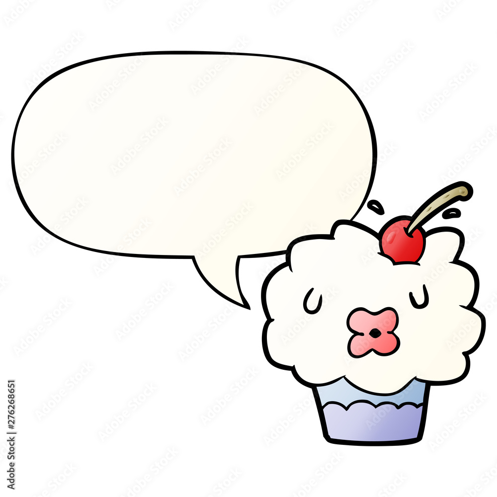 funny cartoon cupcake and speech bubble in smooth gradient style funny cartoon cupcake and speech bubble in smooth gradient style