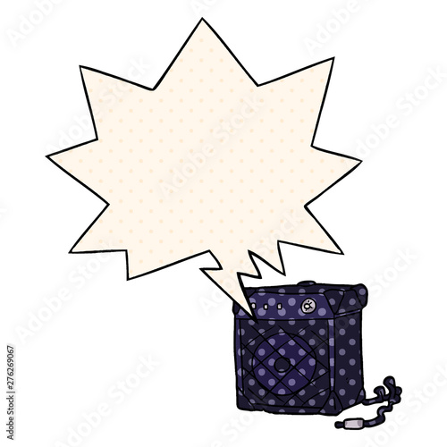 cartoon electric guitar amp and speech bubble in comic book style