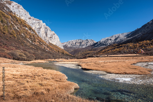 Sacred tibetan mountain with golden meadow and river in autumn © Mumemories