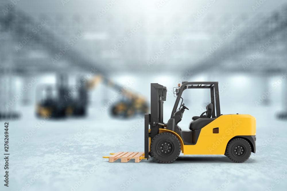 3D rendering, Yellow loader on the background of a large warehouse. The concept of logistics, delivery, transportation, packaging 3D rendering, Yellow loader on the background of a large warehouse. The concept of logistics, delivery, transportation, packaging