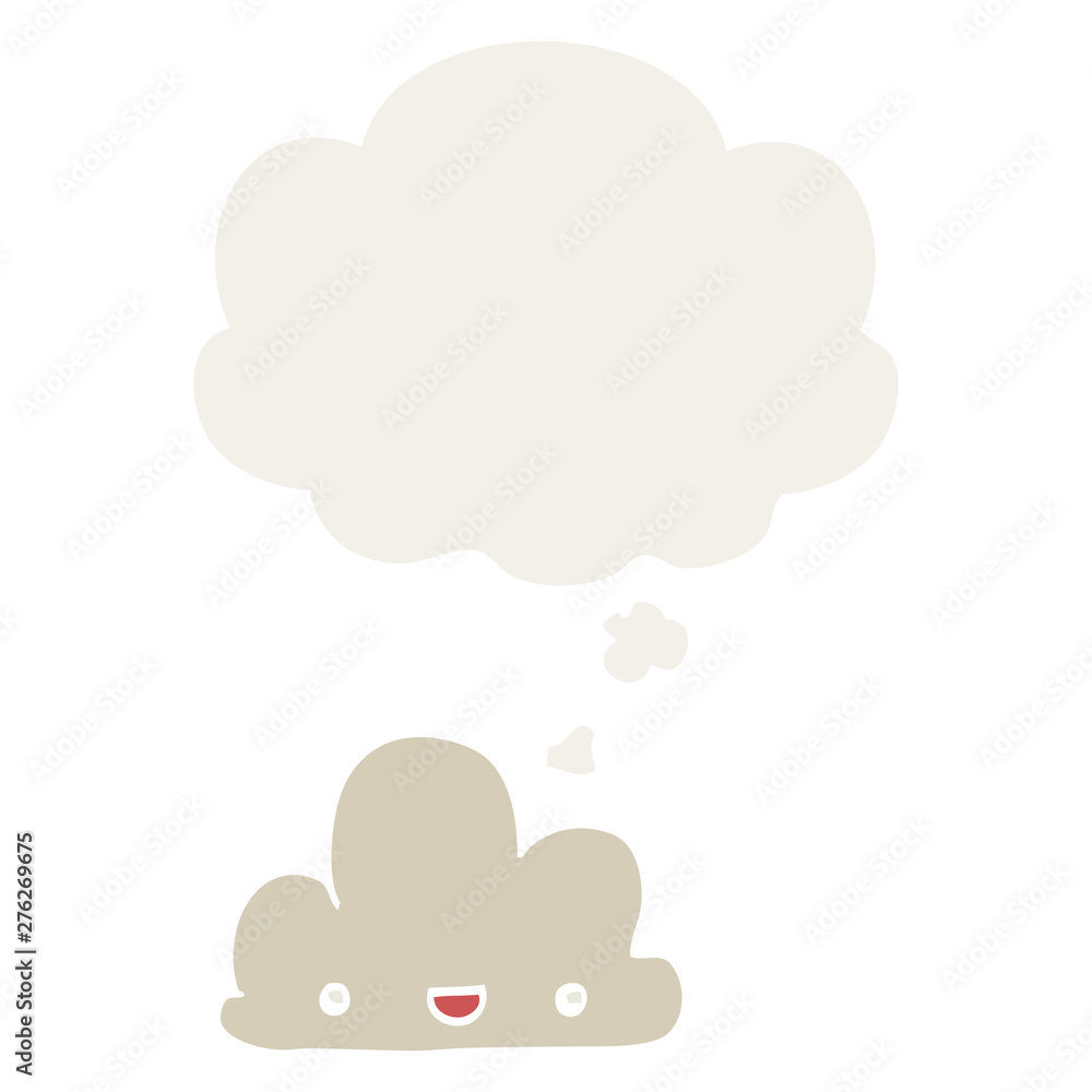 cartoon tiny happy cloud and thought bubble in retro style