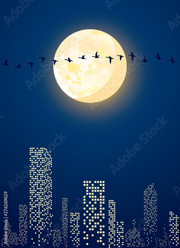 Vector illustration of city night with moon lighting for Mid autumn festival