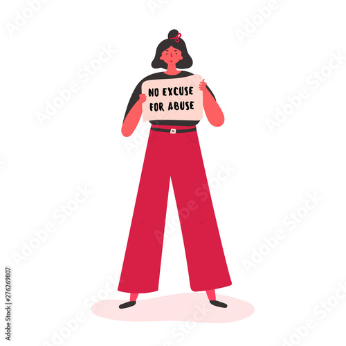 woman holds a poster with text No excuse for abuse