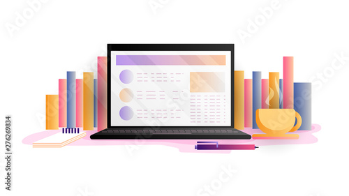 Online education concept, vector illustration. Study, learning online with laptop, tablet, smartphone and headphones from home. Cozy online learing and education with cup of tea and learning books