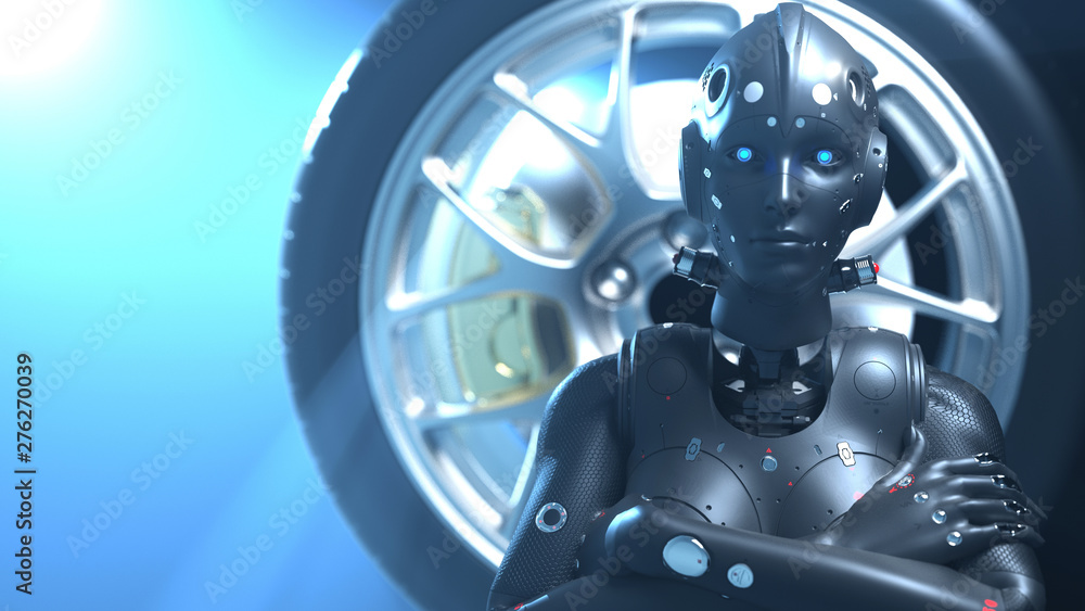 Fototapeta premium woman robot on the background of the automobile wheel. 3D rendering
