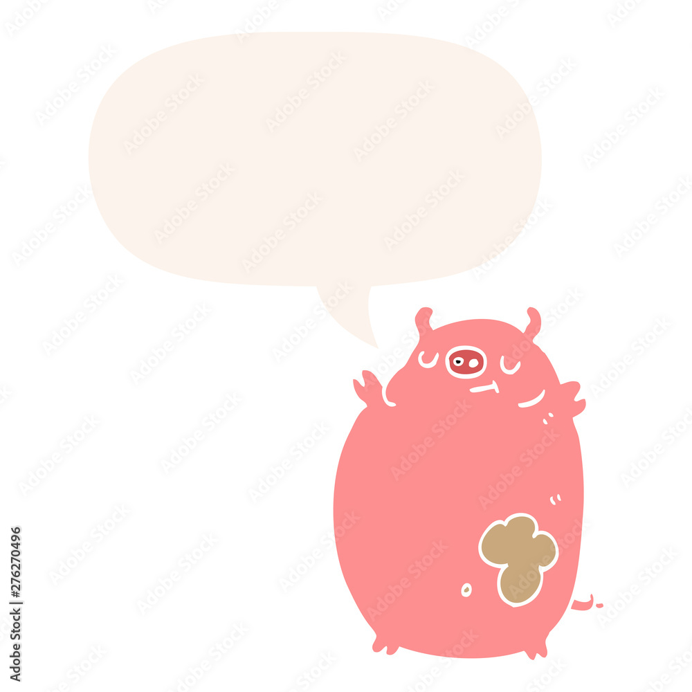 Fototapeta premium cartoon fat pig and speech bubble in retro style