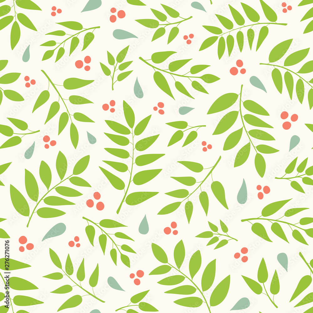 Seamless repeat pattern of hand drawn leaves and berries in a tossed pattern. A pretty vector foliage design. Seamless repeat pattern of hand drawn leaves and berries in a tossed pattern. A pretty vector foliage design.