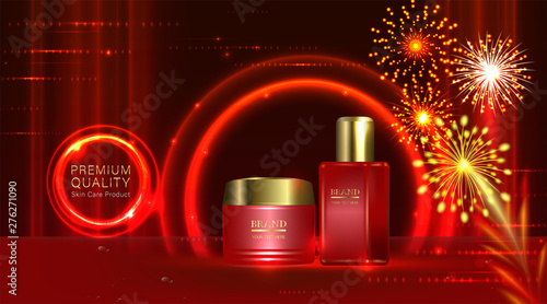 beauty product ad design, fireworks over red cosmetic containers with holiday concept advertising background ready to use, luxury skin care banner, illustration vector.
