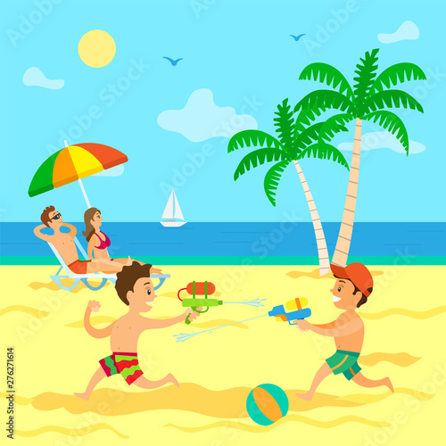 Kids playing with guns loaded with water vector, children on summer vacations with parents. Couple laying on chaise longue relaxing on sun, sunbathing on beach, summertime relax with childrens