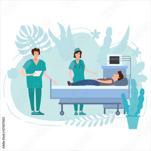 Medical team nurse and doctor consulting patient in a medical bed