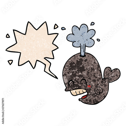 cartoon spouting whale and speech bubble in retro texture style