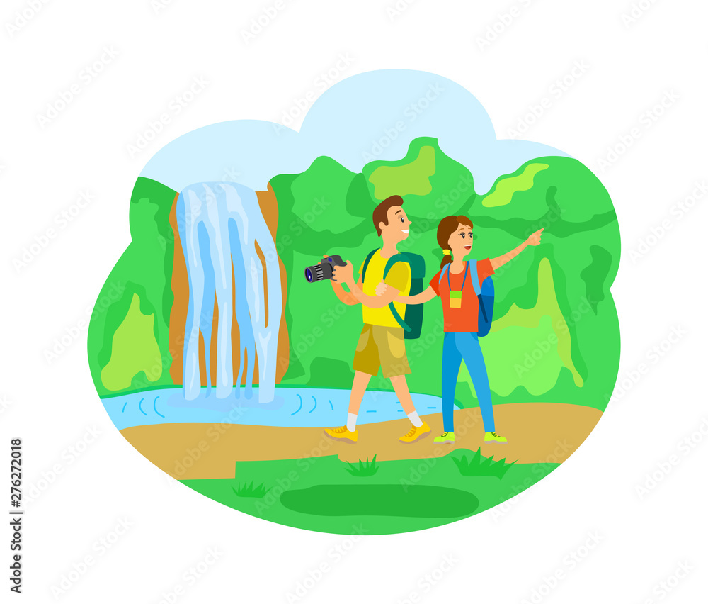 Traveling people on nature vector, man and woman surrounded with greenery. Couple of backpackers with photo camera, bushes with trees and waterfall