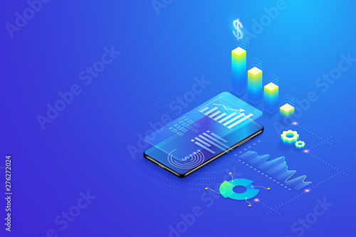 3D Isometric Mobile Data analysis statistics, Data visualization, research, planning, statistics and management concept vector.