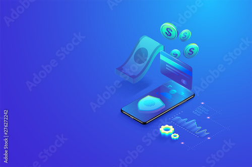 3D Isometric secure online payment by smartphone concept. Online shopping, Secure bank transaction with password and finger print verification vector