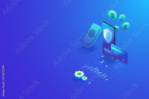 3D Isometric secure online payment by smartphone concept. Online shopping, Secure bank transaction with password and finger print verification vector