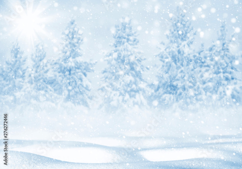 Winter bright background. Christmas landscape with snowdrifts and pine forest in the frost.