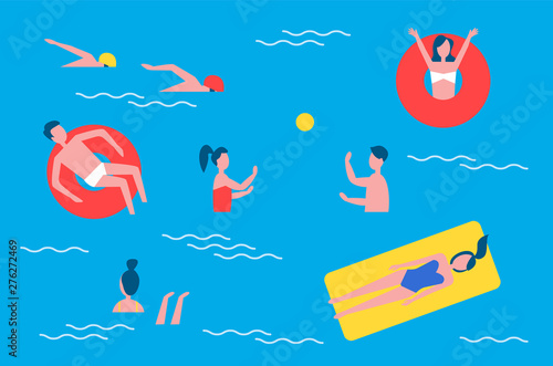 Swimming pool and people set in water playing polo games with ball. Swimmers and chilling person on lifeline lifebuoy posters set with text vector