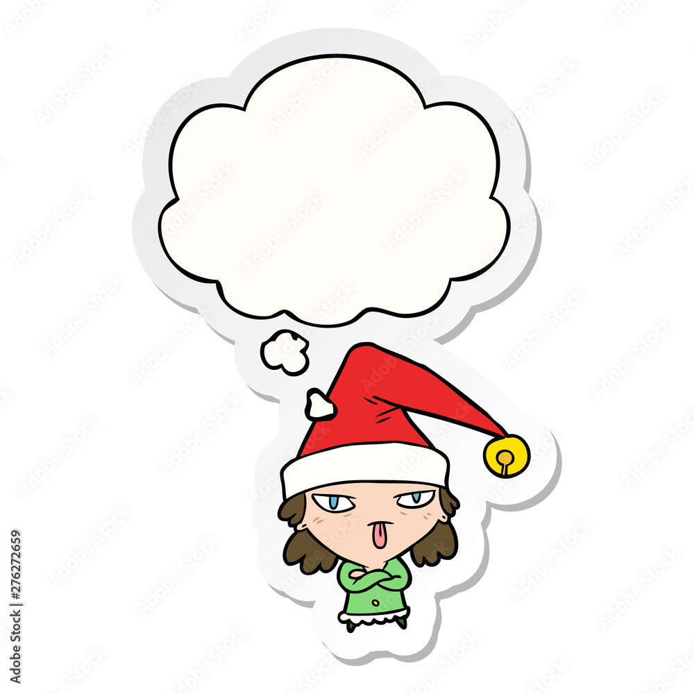 cartoon girl wearing christmas hat and thought bubble as a printed sticker cartoon girl wearing christmas hat and thought bubble as a printed sticker