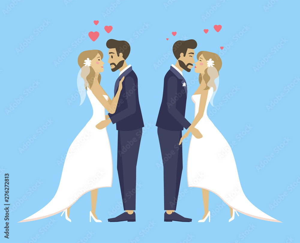 Double wedding, brides and grooms kissing and hugging, cuddling persons tender females and males. Man and woman vector, people in love, hearts decor Double wedding, brides and grooms kissing and hugging, cuddling persons tender females and males. Man and woman vector, people in love, hearts decor