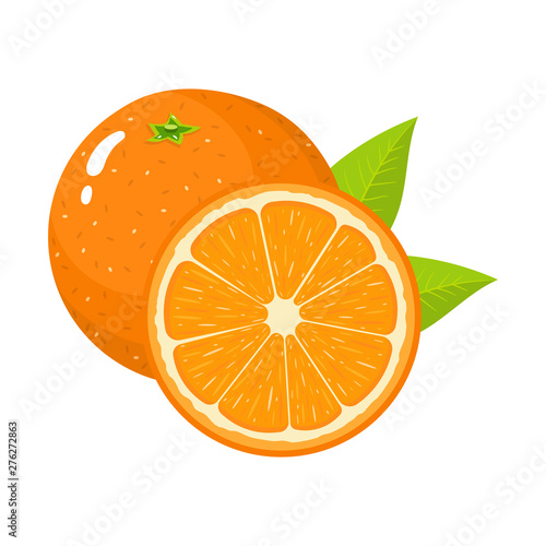 Set of fresh whole and half orange fruit with leaves isolated on white background. Tangerine. Organic fruit. Cartoon style. Vector illustration for any design.