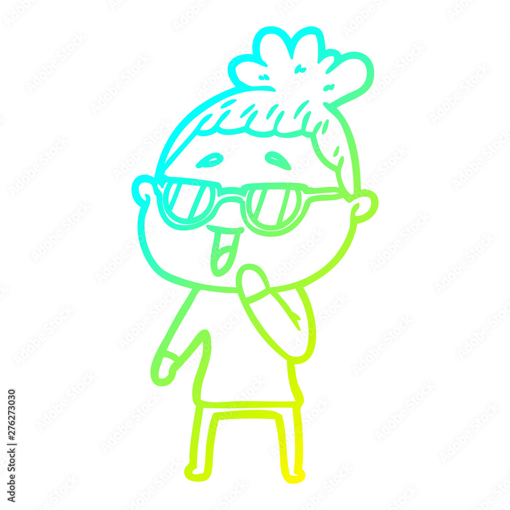 cold gradient line drawing cartoon happy woman wearing spectacles