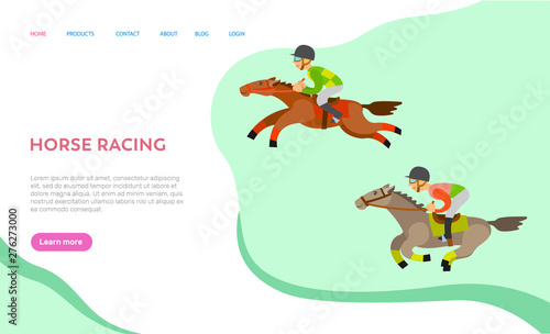 Horse racing people vector, person on animals horseback, male wearing helmet protecting from hits, person in equine sports, equestrian hobby. Website or webpage template, landing page flat style
