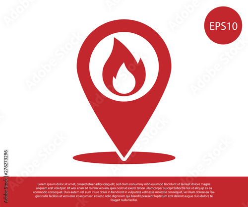 Red Map pointer with fire flame icon isolated on white background. Fire nearby. Vector Illustration