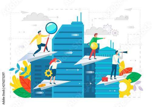 Business ambitions vector, businessman with magnifying glass and woman holding cogwheel in hands, cityscape and paper planes with workers on top flat, achievement leadership career. Search new idea