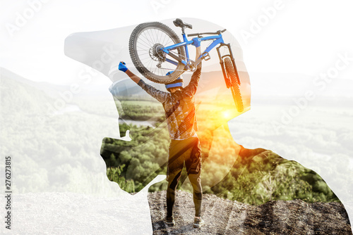 Double exposure of a man in protective helmet and professional cyclist riding on the mountains. Concept of a freeride and off road cycling photo
