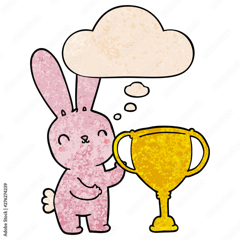 cute cartoon rabbit with sports trophy cup and thought bubble in grunge texture pattern style cute cartoon rabbit with sports trophy cup and thought bubble in grunge texture pattern style