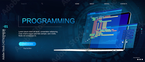 Programming or Software development web page template. Vector illustration with laptop isometric view and program code on screen. Programming concept. Technology process of Software development