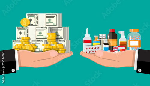 Hand scales with pile of money and bottles of drugs and pills. Health insurance and healthcare. Buying and selling drugs. Pharmacy shop. Vector illustration in flat style