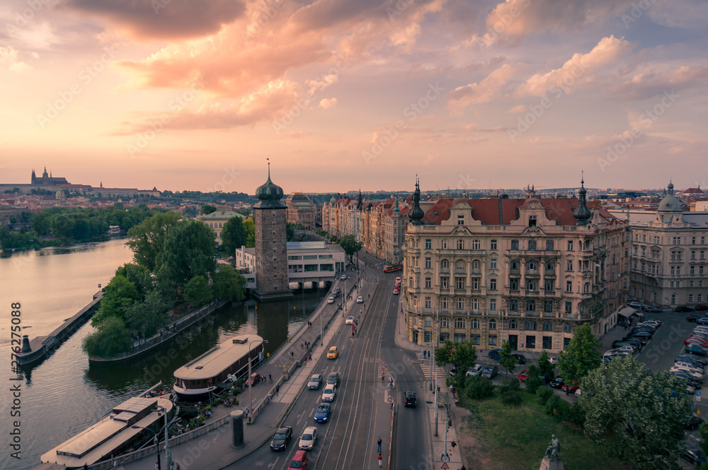 Birds eye view of Prague waterfront with historic buildings