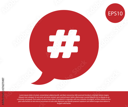 Red Hashtag speech bubble icon isolated on white background. Concept of number sign, social media marketing, micro blogging. Vector Illustration