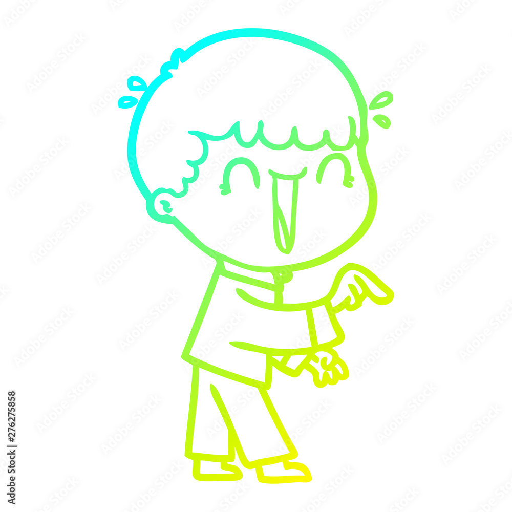 cold gradient line drawing laughing cartoon man pointing finger