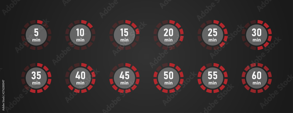 Timer icons set, twelve timer indicators from 5 minutes to 60 minutes, vector illustration. Timer icons set, twelve timer indicators from 5 minutes to 60 minutes, vector illustration.