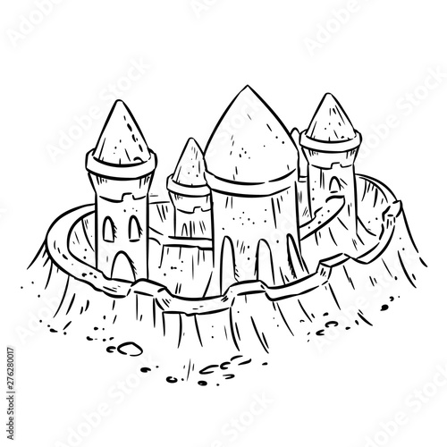 Cartoon lineart hand drawn sand castle, fort or fortress with towers. Cute isolated sketch