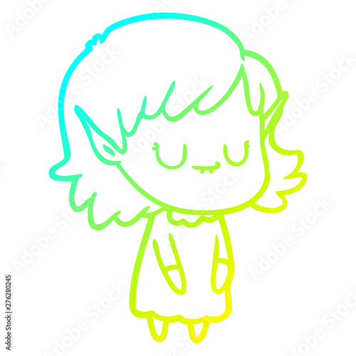 cold gradient line drawing happy cartoon elf girl wearing dress
