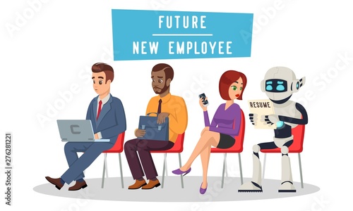 Multiracial people and robot sitting in queue and waiting for job interview. Technological revolution, unemployment in digital age concept. Artificial intelligence recruitment. Vector cartoon on white