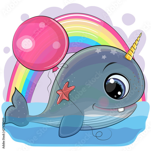 Cartoon Whale with with horn and balloon