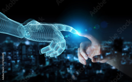 Wireframed Robot hand making contact with human hand on dark 3D rendering