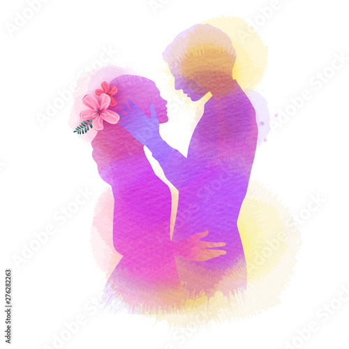 Romantic Valentine lovers silhouette on watercolor background. Love at first sign concept.  Engagement couple. Happy valentine's day.