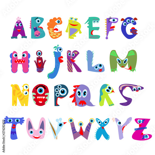 Monsters alphabet. Colorful hand drawn alphabet. Vector set of creative cartoon letters. For children and holiday projects.