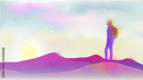 Watercolor of man standing on top of mountain. Travelers traveling on the mountains. Digital art painting. © kittikorn Ph.