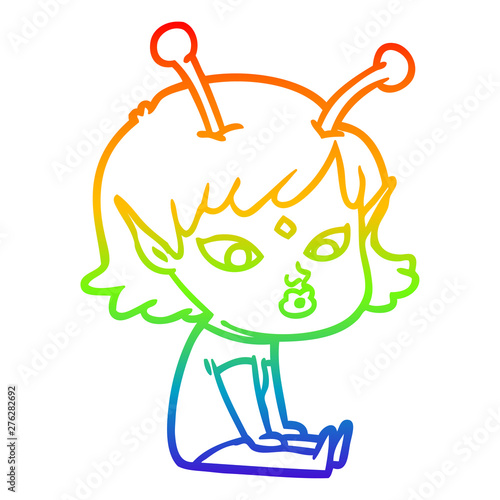 rainbow gradient line drawing pretty cartoon alien girl