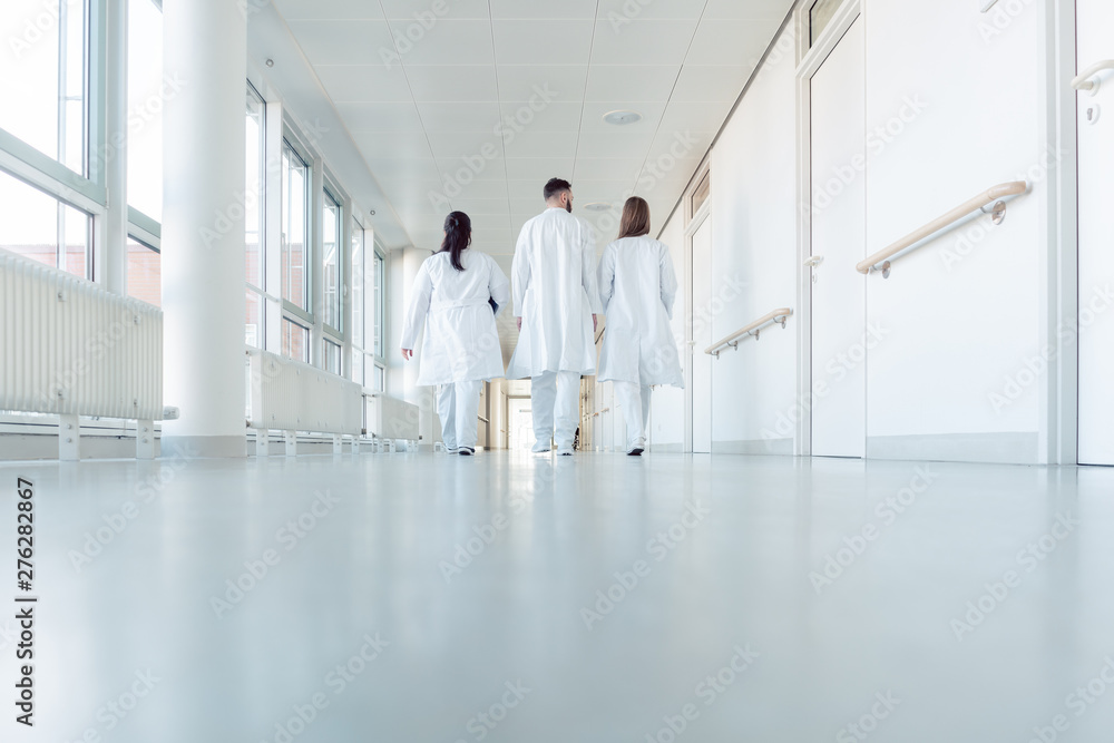 Three doctors walking down a corridor in hospital - obrazy, fototapety, plakaty 