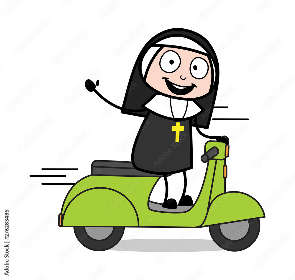 Nombrar policía Distribuir Gesturing with Hand While Running Scooter - Cartoon Nun Lady Vector  Illustration vector de Stock | Adobe Stock