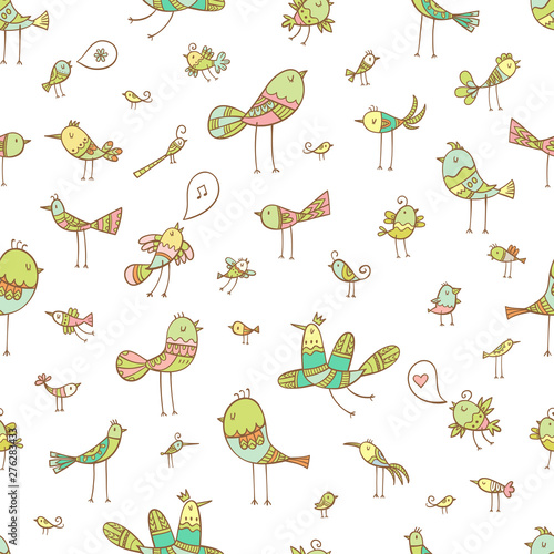 Seamless pattern with cute birds on white  background. Vector image.